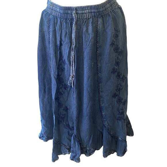 Y2K DEVI Blue Chambray Flare PullOn KneeLength Skirt Women S/M Floral Embroidery - Picture 1 of 8